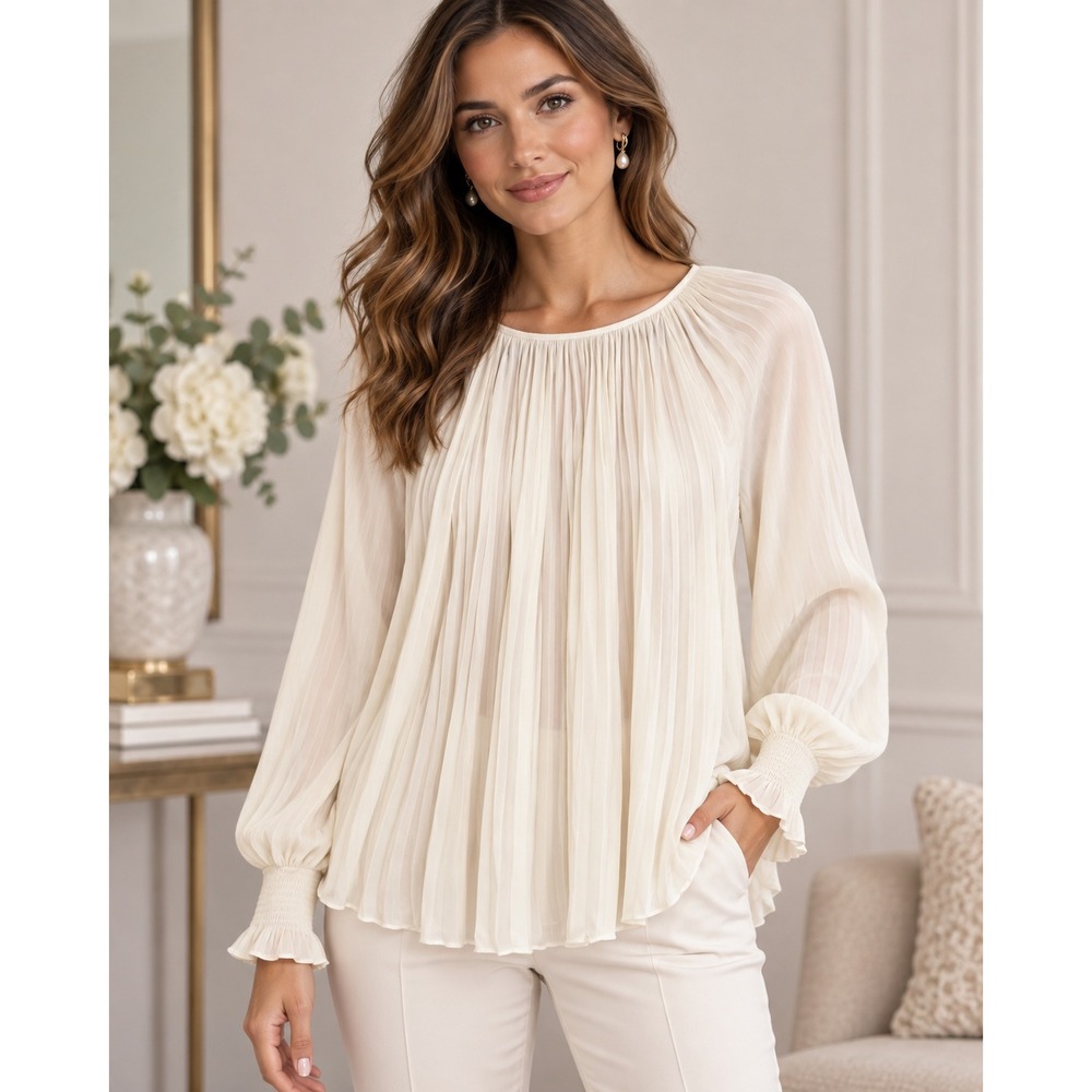 MWT Lane Bryant Ivory Pleated Blouse Long Sleeve Smocked Cuff Top 14/16 Career